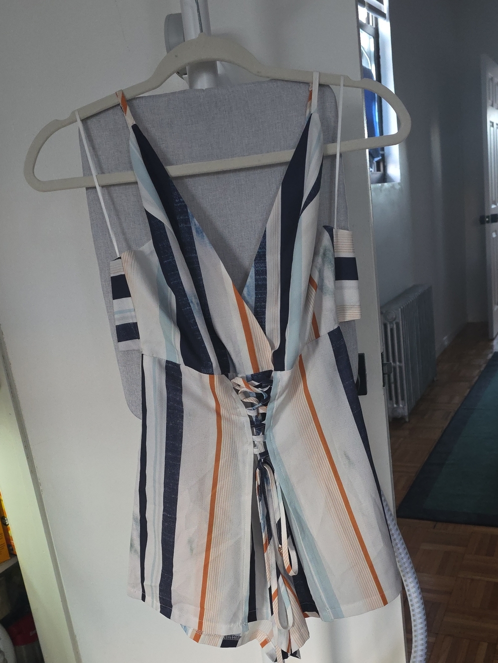 Luxxel Striped V-Neck Lace-Up Romper - Navy, White & Tan